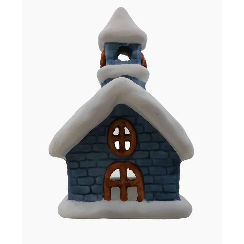 Colonial Candle Holder Winter Blue Ceramic Building Snow Tea Light Votive Holder - Picture 9 of 10